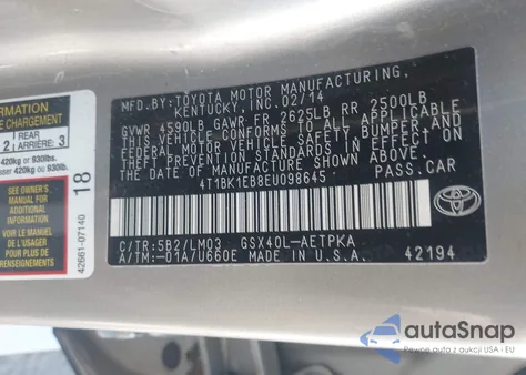 2014 Toyota Avalon Limited from USA, damaged, VIN 4T1BK1EB8EU098645